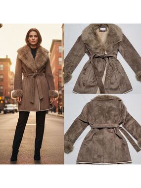 Calvin Klein Ash Brown Paneled Faux Suede Fur Shearling Belted Trench Coat Large